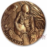 AQUARIUS ZODIAC – MEMENTO MORI Series Skull 2015 Copper coin round High relief Antique finish Rimless 1oz